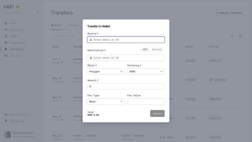 Hifi Bridge Developer Dashboard 3 showing user management, wallet balances, and multi-chain support