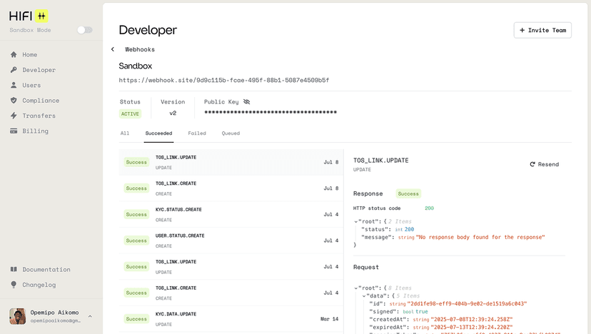 Hifi Bridge Developer Dashboard 4 showing user management, wallet balances, and multi-chain support