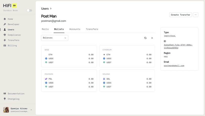 Hifi Bridge Developer Dashboard 1 showing user management, wallet balances, and multi-chain support